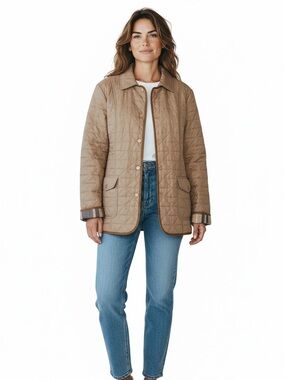 Basler quilted jacket nude/ beige snaps plaid liner contemporary spring Large XL
